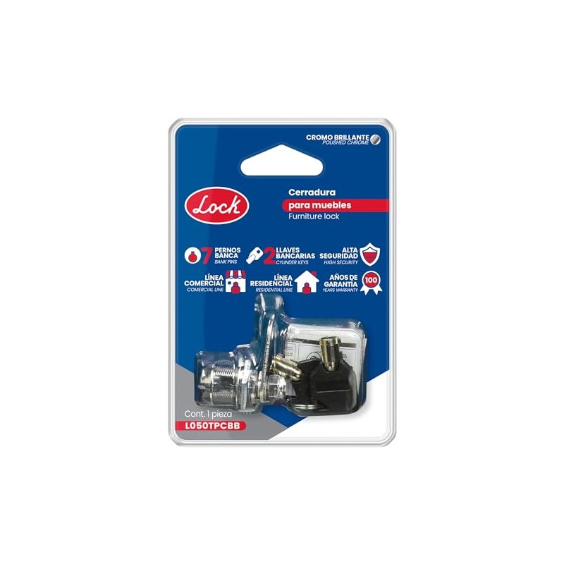 Lock L050TPCBB Cerradura tubular, cromo brillante, llave estándar, blíster