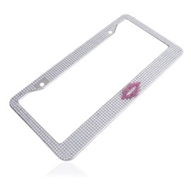 Fashion Sexy Clear Frame with Pink Lips Design Crystal License Plate Frames,Exclusive Bling License Plate Holder,Waterproof Rhinestone License Plate Cover(1 Frame)