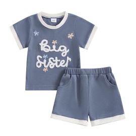 Amnnchya Toddler Baby Girl Clothes Floral Infant Summer Shirt Shorts Set Cute Big Sister Little Sister Matching Outfits (Blue Big Sister, 3-4T)