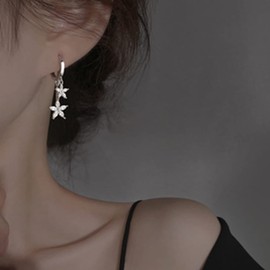 CZ Flower Dangle Hoop Earrings for Women Girls 925 Sterling Silver Charms Tiny Rhinestone Double Daisy Flower Bar Drop Dangling Small Hoop Cartilage Stud Tragus Dainty Fashion Earrings (Silver)