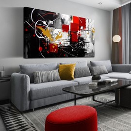 Large Abstract Canvas Wall Art Modern Living Room Bedroom Home Office Wall Decor Black Grey Red Abstract Picture Framed Artwork Ready to Hang Size 30x60