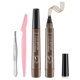 Pack of 2 Eyebrow Pencils, Waterproof, Liquid Eyebrow Pencil, with Four Fork Tips, Microblading, Smudge-proof Long-Lasting Eyebrow Pencil, Dark Brown