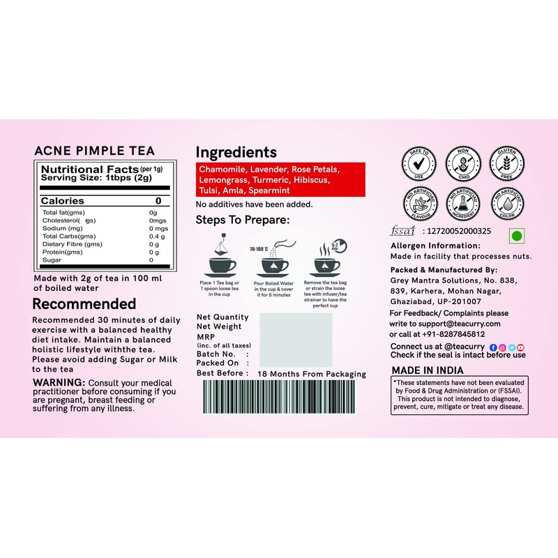 TEACURRY Acne Pimple Tea (30 Tea Bags) - Helps in