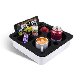 Couch Cup Holder Tray, Bonfixe Stable Couch Caddy for Bed and Sofa, Upgraded Capacity Health-Friendly Silicone Anti-Spill Drink Holder Organizer for Snacks Beverage (White-Black)