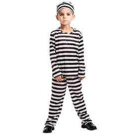 Ficlwigkis Ficlwigkis Gestreift Häftling Kostüm Herren Kinder,Gefangener Sträfling Kostüm Herren mit Gestreift Oberteil,Mütze,Hose und Handschellen,Faschingskostüm Kinder Jungen Männer(Jungen, 140)
