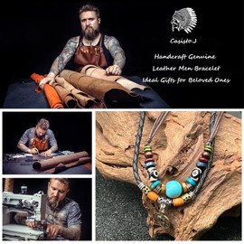 Casisto.J Leather necklace, stainless steel necklace, CLede men's necklace, pendant necklace, black leather strap, retro style pendant, leather chain, comes in jewellery gift box, Gemstone, No