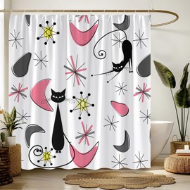 NYCCSM Mid Century Modern Shower Curtain Retro Blcak Cat Abstract Geometric Vintage Boho 1950s 1960s Fabric Bathroom Decor Sets with Hooks,71W x71H