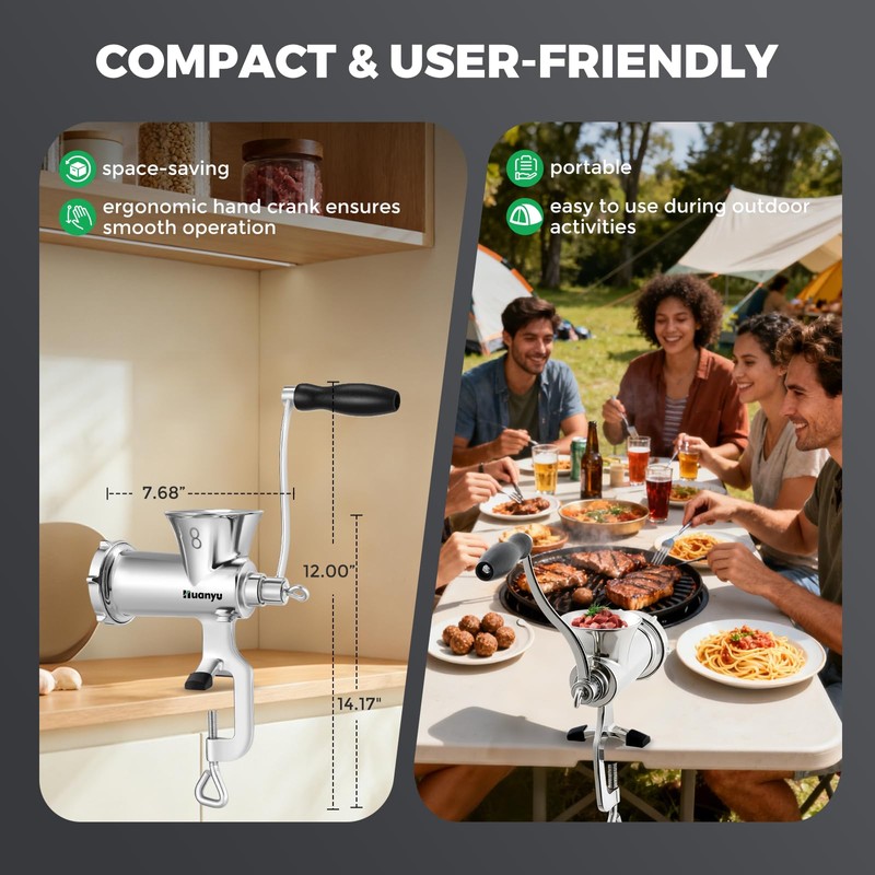 Huanyu Manual Meat Grinder-Heavy Duty Stainless Steel, Hand Crank Grinding