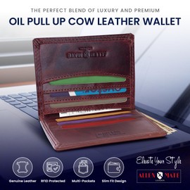 ALLEN & MATE Men's Genuine Leather Wallet – Oil Pull Up Cowhide – RFID Blocking Bifold Card Holder – Holds 8 Cards & Notes – Slim Vintage Style (Brown)