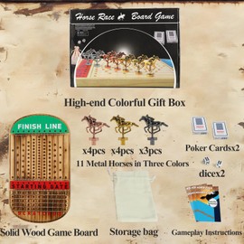 HOROW Large Original Horse Racing Board Game Thicken Wood Horse Race Card and Dice Board Game Luxury Edition Set with 11 Metal Horses,2 Dices and 2 Boxes of Cards Visit The HOROW Store (Large)