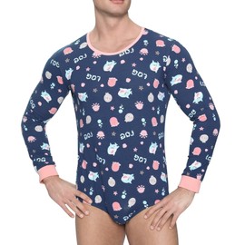 Landofgenie Mens Long Sleeve Onesie Cotton Romper Pajama One Piece Bodysuit Print Jumpsuit Ocean Navy Blue XL