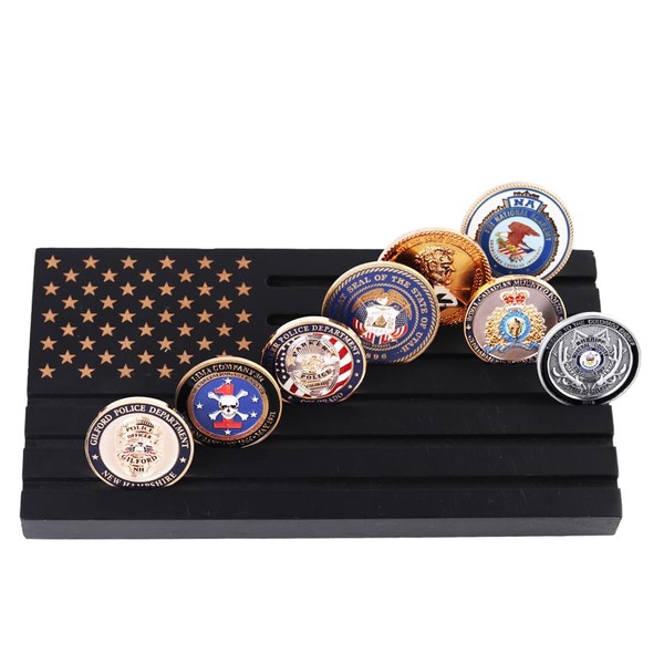 Samplife Coin Rack,Challenge Coins Display Stand Shelves Wooden Army Collectible Coins Holder Rack Case 6 Row Display American Flag