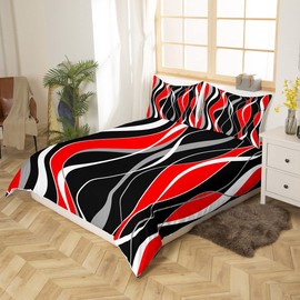 Red Stripe Comforter Cover Black and Grey Modern Bed Set, Geometric Lines Duvet Cover Single Abstract Aesthetic Bedding Sets, All-Season Super Cozy Breathable Bedspread Cover Room Decorations 2pcs