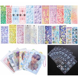 6 Kpop Photocard Holder Keychain Toploaders,50 Holographic Card Sleeves for Trading Cards ,22 Ribbon Heart Bubble Deco Korean Stickers for Binder Album Scrapbooking Top Loader