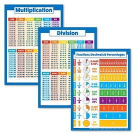 3 Pack - Multiplication Tables Poster + Division + Fractions, Decimals & Percentages - Math Chart Set (LAMINATED, 18" x 24")