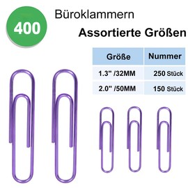 Vinaco Purple Paper Clips, Pack of 400 Large Paper Clips 50 mm & Paper Clips 32 mm, Paper Clips Various Sizes, Durable and Rustproof Paper Clips for Home, School and Office
