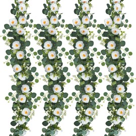 Fairblo 4 Pack Eucalyptus Garland with White Camellias Flowers, 6 Ft Artificial Eucalyptus Vines Floral Greenery Garland for Wedding Arch Party Table Backdrop Wall Decor