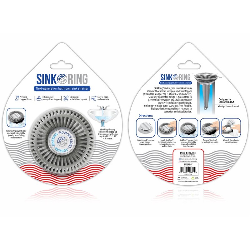 SINKRING The Ultimate Bathroom Sink Drain Protector Hair Catcher/Strainer/Snare (Gray)