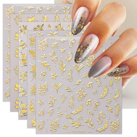 JMEOWIO 8 Sheets Gold Flower Leaf Nail Art Stickers Decals Self-Adhesive Nail Supplies Design Decoration Accessories