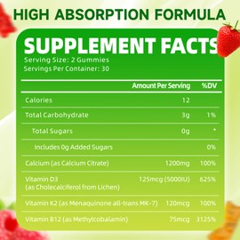 GrnLife 2 Pack Calcium Citrate 1200mg with Vitamin D3 Supplements Gummies for Women & Men, Calcium Gummies with Vitamin D3 K2 & B12, High Absorption for Muscle & Immune, Mixed Flavors, 120 Count