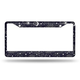 Beabes Sun License Plate Frame Auto Tag Frames Moon and Stars Over Black License Plates Holder 2 Holes Sky Black White Decorative Car Truck Motorcycle License Plates Tag for Men Women