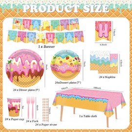 146Pcs Ice Cream Party Plates, Napkins, Banners, Forks, Straws and Tablecloths Disposable Tableware Set for Ice Cream Party, Ice Cream Birthday Party ， Baby Showers Decorations, Serves 24 Guests