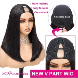 Atikual V Part Wig Human Hair Bob Wig 8inch Brazilian Remy Hair Short Bob Wig Human Hair Glueless Wig Upart Bob Wigs For Black Women Upgrade U Part Wig No Sew in No Glue Natural Black Color