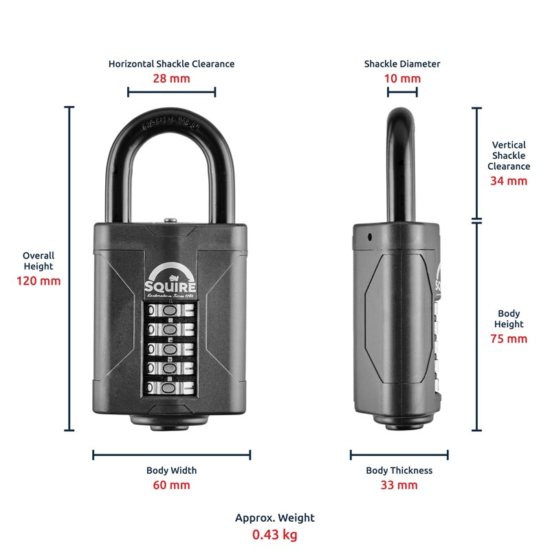 Squire CP60 Combination Padlock, 60mm, Black, 5-Wheel Lock