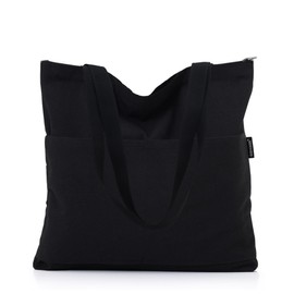 GODWOODS Tote Bag Aesthetic Canvas Handbags with Zipper for Women Travel Shoulder Bags Purses with compartments (Black(with Front Pocket))