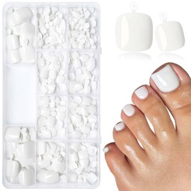 LoveOurHome 240pc White Press on Toenails Women Fake Toe Nails with Glue Tab, White Fake Toenail Press on Toes Nail Glue on Toenails Acrylic Toe Nail Tips Gel Artificial False Stick Toenail Tip
