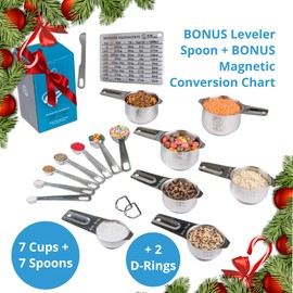 Stainless Steel Measuring Cups and Spoons Set: 7 Cup and 7 Spoon Metal Sets of 14 for Dry Measurement - Home Kitchen Gadget, Tool & Utensils for Cooking & Baking - Perfect Wedding or Housewarming Gift