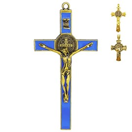 Jesus Crucifix Cross Metal Wall Decor,Saint Benedict Cross Pendant Christian Decor,Religious Wall Decor Cross for Home,Church,Catholic Gift-7.67Inch (Blue)