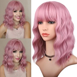 MINLEE Pink Wig with Bangs for Women 14 Inch Short Bob Wavy Curly Wig Pastel Pink Hair Wigs Heat Resistant Synthetic Wigs