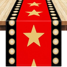 Table Runner for Movie Night Red with Gold Star Movie Theme Linen Red Carpet Decoration for Movie Night Birthday Party Supplies 40x140cm