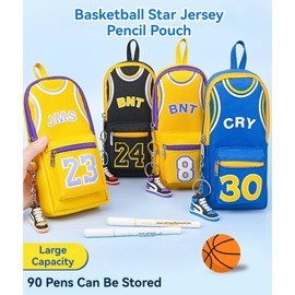 SIORTIO Pencil Pouch Basketball Jersey-Shaped Large Capacity Fashionable Minimalism + 6 Gel Pens & Sneaker Keychain (Yellow 23)