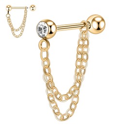 AROWRO 16G Cartilage Earring Stud Cartilage Helix Tragus Piercing Jewellery Double Chian Conch Helix Tragus Earring Stud 316L Surgical Steel Helix Cartialge Barbell Earring Tassel Threader Chain