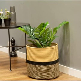 Small Modern Woven Rope Basket. Woven Storage Rope Basket Wooden Beadfor Blankets,Toys,Clothes,Shoes,Plant Organizer Bin with Handles Living Room Home Decor, Jute. (8x8in)