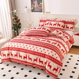 Mengersi Christmas Duvet Cover Set Queen Size,Christmas Red Deer Tree Snowflake Pattern Bedding Comforter Cover Set with Zipper Closure for New Year Holidy Xmas Gifts