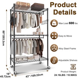 Whitmor 3 Tier Rolling Garment Rack, Heavy Duty Adjustable Metal Clothing Rack with Side Hooks, Double Rods & 360° Lockable Wheels, Max 600LBS for Hanging Clothes, 43" L x 18" W x 80" H, Black