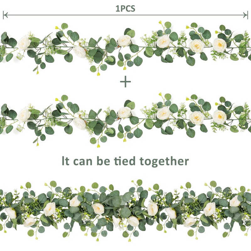 TOCHGREEN 2 Pack 13Ft Artificial Eucalyptus Flower Garland with White