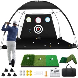 Golf Net, 10x7ft Golf Hitting Aid with Foldable Tri-Turf Mat, Designed for Outdoor & Indoor Use, Practice Nets for Backyard Driving Real Balls, Ideal Gifts for Men Dad Husband & Golfers
