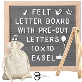 Pizarrón y letrero de madera vintage, tablero de letras de fieltro con soporte, con letras, números, emojis en total 340, adecuado para la decoración del comedor de la oficina en el hogar, 25 cm x 25 cm (Gris)