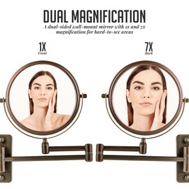 OVENTE 7" Wall Mounted Makeup Mirror with 1X/7X Magnification, Double Sided Magnifying Round Bathroom Vanity Mirror, 360° Swivel Design, Extendable and Folding Arm, Antique Bronze MNLFW70ABZ1X7X