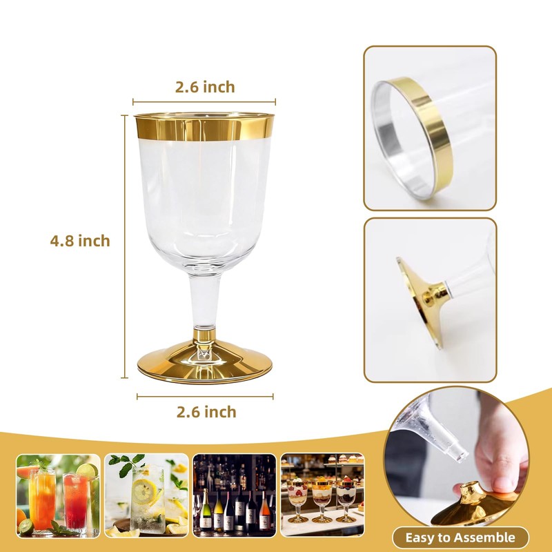 48PCS Plastic Wine Glasses with Gold Rim, 6 Oz Stemmed