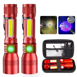 AdamStar Black Light Flashlights, 3-in-1 UV Flashlight with Clip, Magnetic Base, COB Light, Tactical Rechargeable Flashlight, High Lumens 7 Modes LED Flashlight (2pack Flashlight with case - Red)