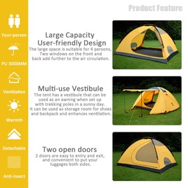 Geertop Portable 4 Person 4 Seasons Backpacking Tent Double Layer Waterproof Larger Family Camping Tent Lightweight for Camp Outdoor Sports Hiking Travel Beach - Easy to Set Up