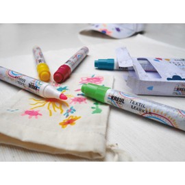 KREUL 90719 - Textile Marker Set Junior, Medium, 5 Pieces, Line Width 2 to 4 mm, Brilliant Fabric Colouring Pens for Light Fabrics, Neon Colour Glows Under Black Light