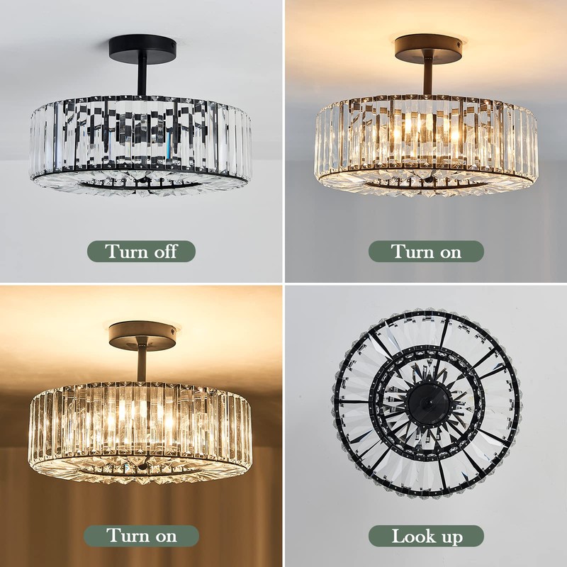 DAFKOS 4 Lights Modern Crystal Chandelier Black Round Semi Flush
