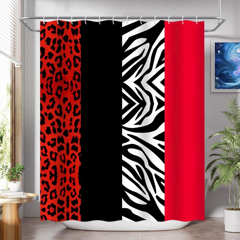 Onalasyc 4Pcs Red Cheetah Shower Curtain,Shower Curtain Sets with Rugs