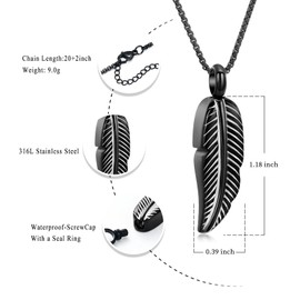 Oinsi Stainless Steel Feather Urn Necklace Hold Cremation Ashes Keepsake Memorial Jewelry +Box+Fill Kits, Metal